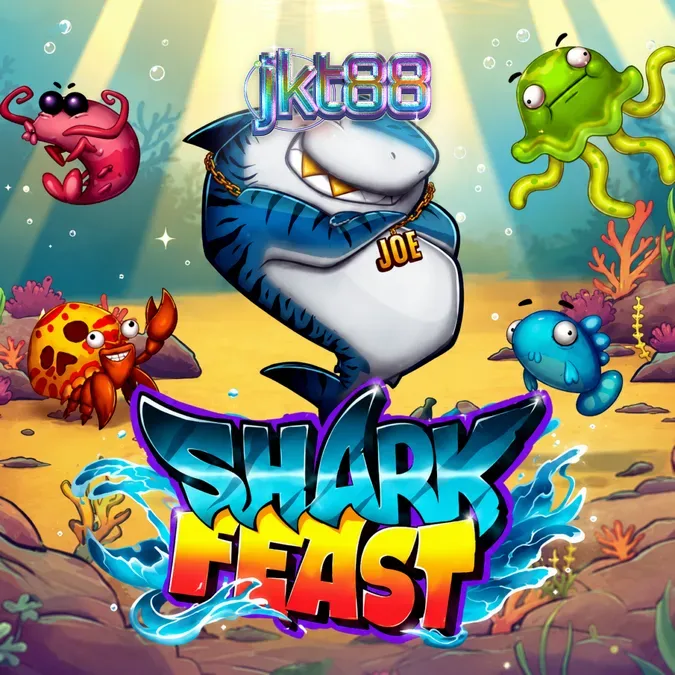 Tampilan antarmuka permainan slot Shark Feast dengan grid 6x6 yang penuh warna